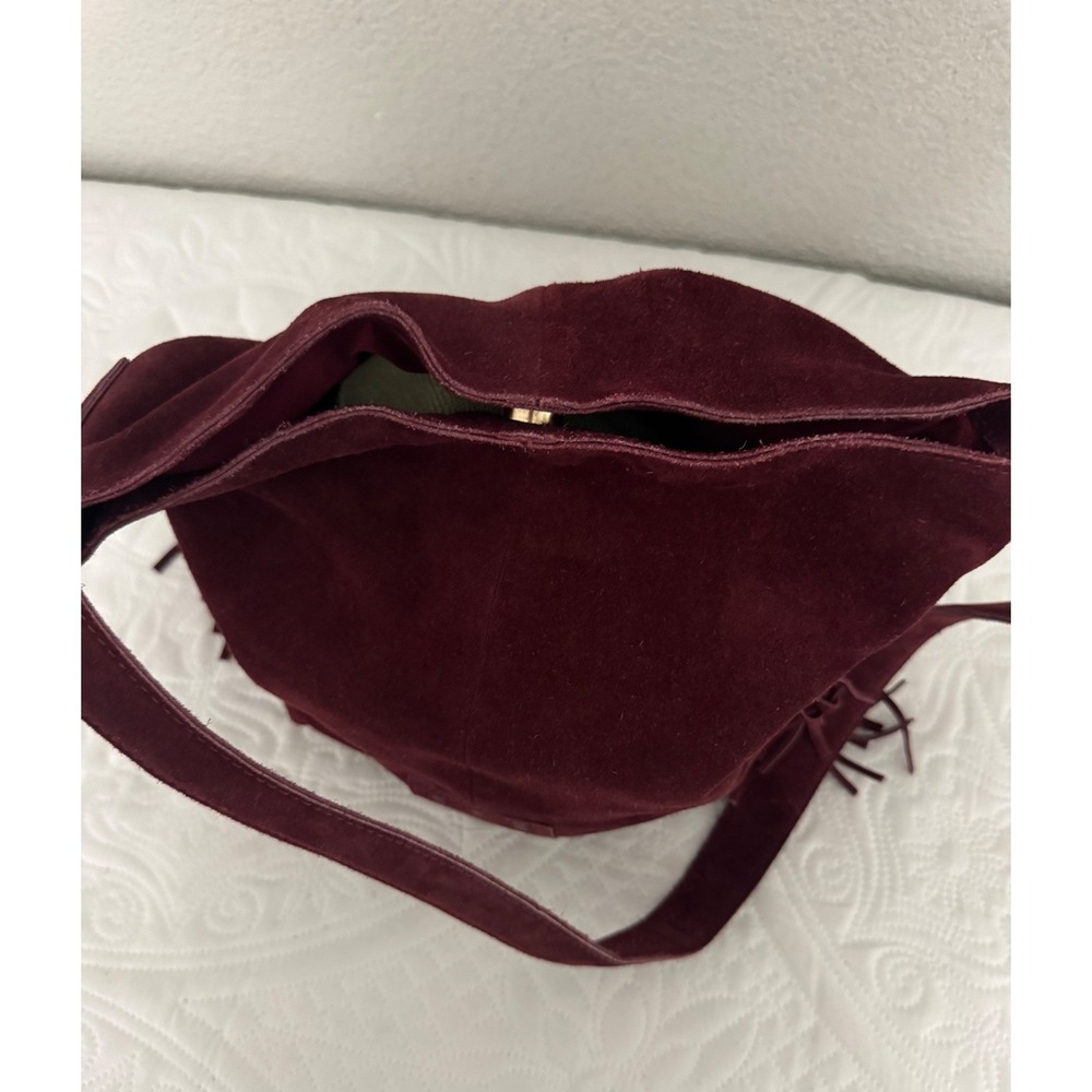 Haute Hippie Burgundy Suede Fringe Shoulder Bag Boho Western Hobo Slouchy Wine - Picture 4 of 15